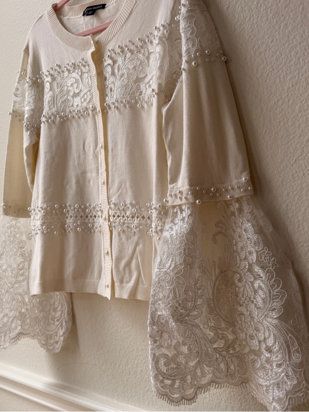 Boston Proper Ivory Pearl Lace Cardigan Cottagecore Romantic Bridal Coquette L